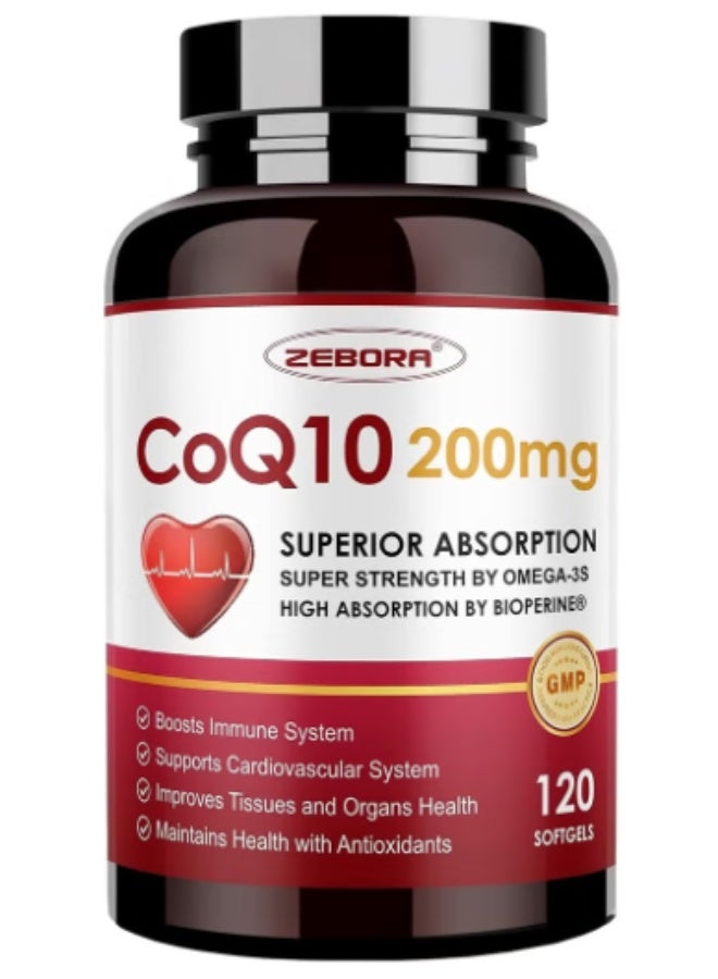 ZEBORA CoQ10-200mg-كبسولات هلامية مع PQQ، BioPerine وأوميغا 3، 120 حصة من الإنزيم المساعد Q10 (Ubiquinone) لامتصاص عالي، ومضادات أكسدة قوية، ودعم القلب وإنتاج الطاقة
